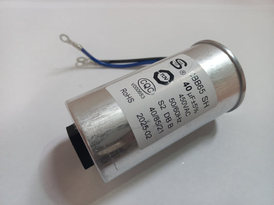 40µF 450VAC aluminium CBB65 SH motor‑run capacitor with blue and black lead wires and ring terminals, suitable for Gecko Maelstrom MS‑1 2.5HP 2‑Speed pumps.