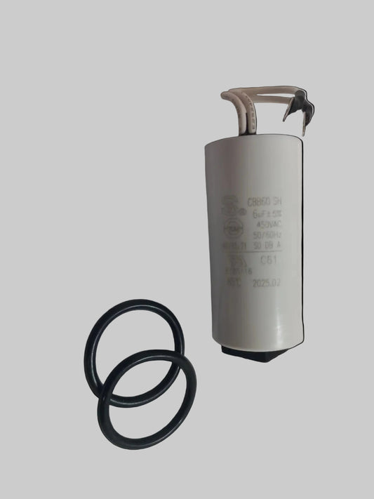 6µF 450VAC white CBB60 SH motor‑run capacitor with two attached wires and two black O‑rings, suitable for CMS Gecko Circ Pump.