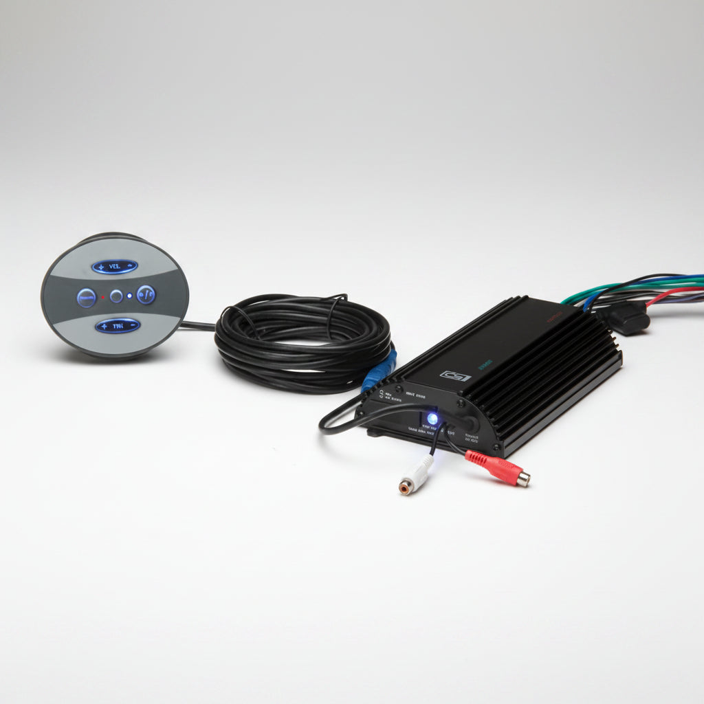 Poly-Planar ME60BT marine-grade 4-channel Bluetooth amplifier with waterproof remote control pad for boats, yachts, spas, golf carts and outdoor audio systems.