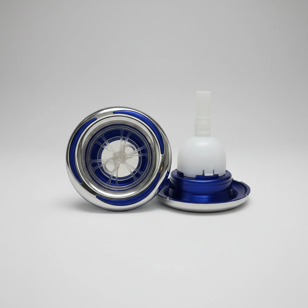 Balboa Pismo 5 inch Hurricane Pulsating spa jet face in pearl blue and chrome finish featuring a pulsating hydrotherapy massage mechanism for spas and hot tubs.
