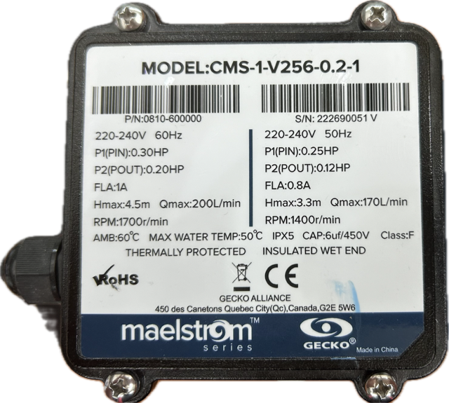 Gecko Maelstrom CMSƒ??1 circulation pump label showing model number CMSƒ??1ƒ??V256ƒ??0.2ƒ??1, electrical specifications, flow rate, head pressure, IPX5 rating, and Gecko Alliance branding.