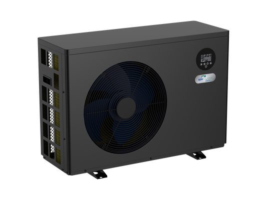 13kW inverter spa heat pump with Wi-Fi control, titanium heat exchanger, R32 refrigerant and ultra-quiet full inverter technology installed beside a spa and swimming pool.