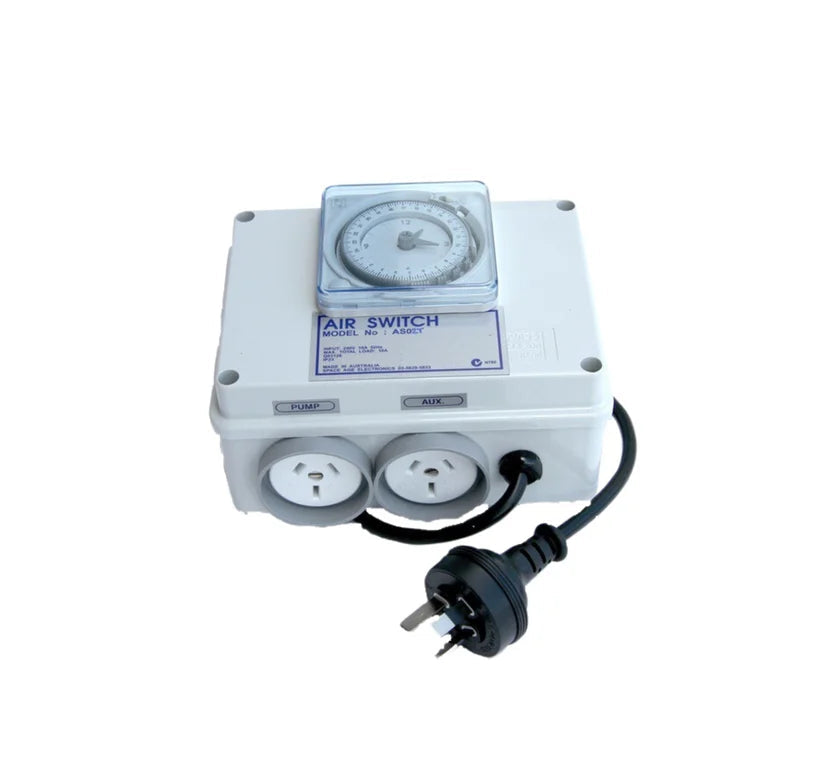 AS02T dual 10ƒ??amp air switch with builtƒ??in 24ƒ??hour timer clock, grey enclosure, dual outlets, and labeled specifications.