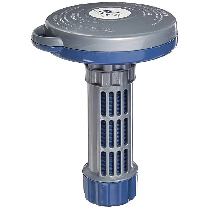 Grey and blue floating spa bromine feeder with adjustable control ring and vented chemical chamber