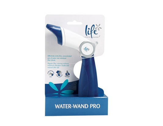 Life Water-Wand Pro filter cleaner attached to a garden hose for deep cleaning spa and pool cartridge filter pleats with high-pressure water jets