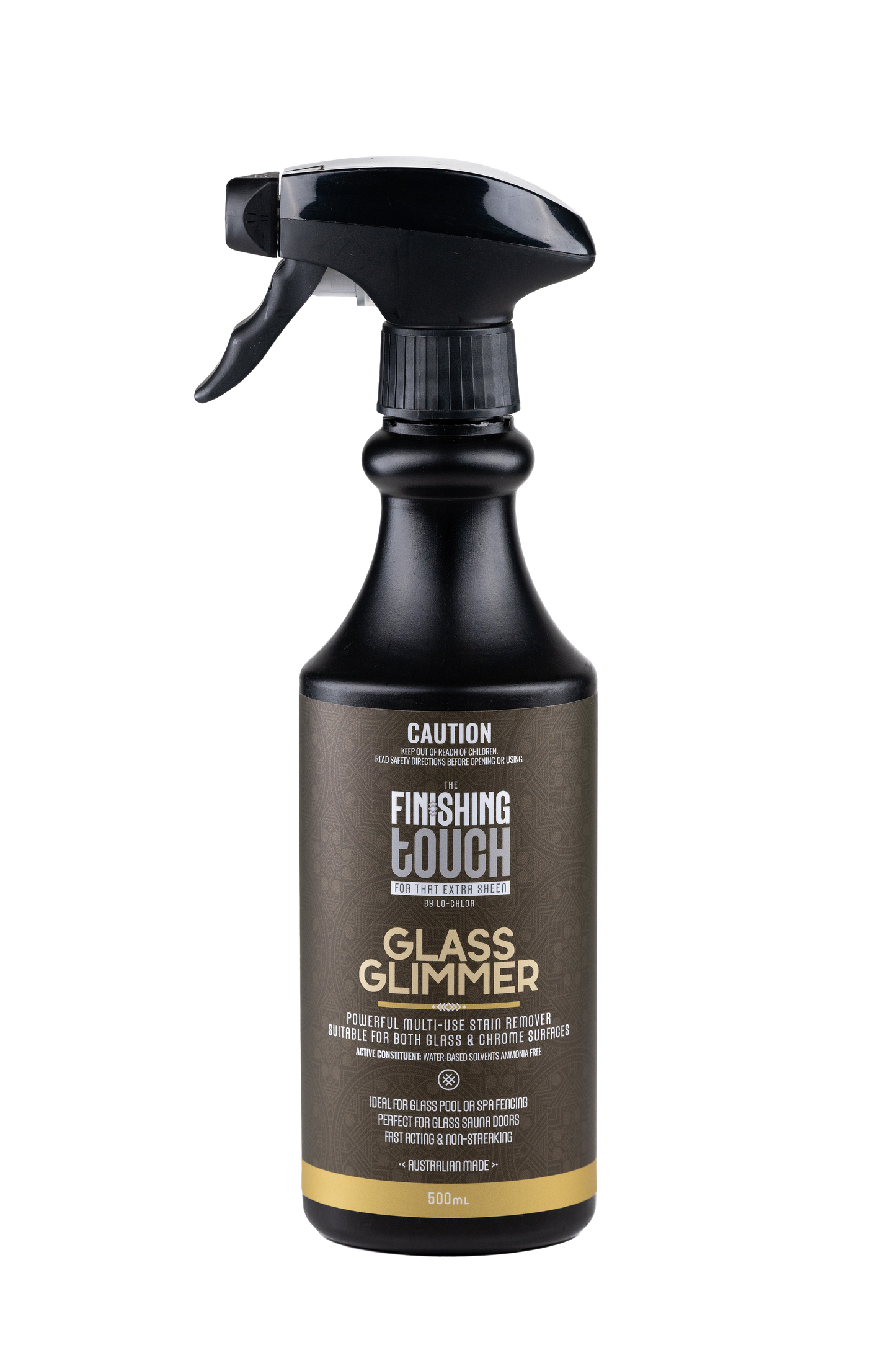 Sauna Glass Glimmer Glass Cleaner 500ml bottle for cleaning sauna and spa glass doors and enclosures