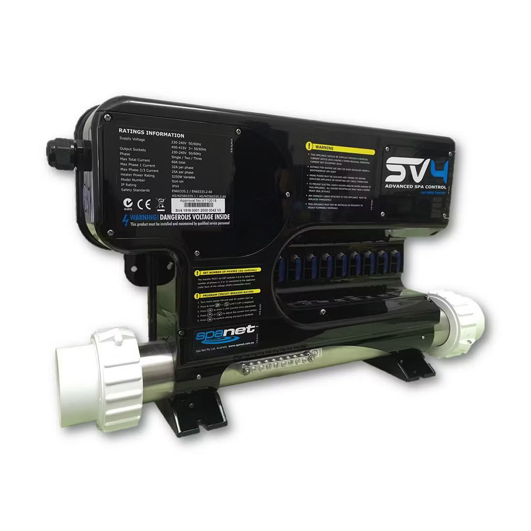 Spanet V2 spa controller rating label showing 240V supply, 3kW heater rating and IPX5 protection