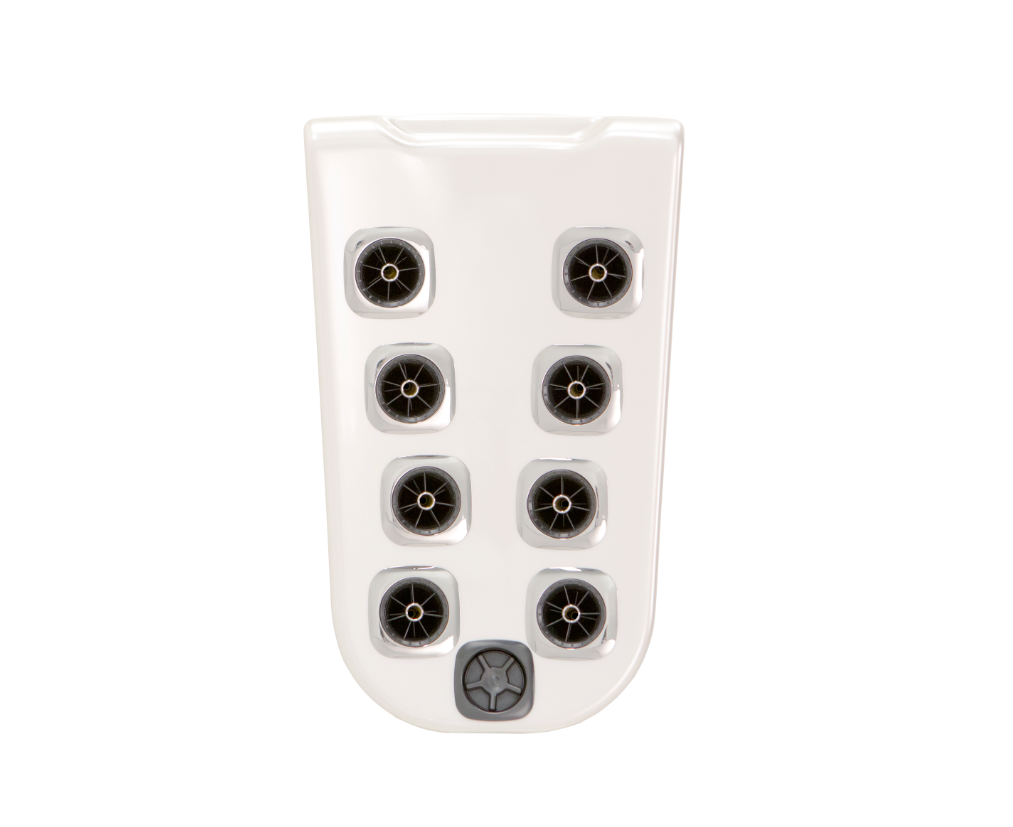 Bullfrog S05 Alleviate Snow JetPak with brushed finish designed for gentle full‑back spa massage and relaxation