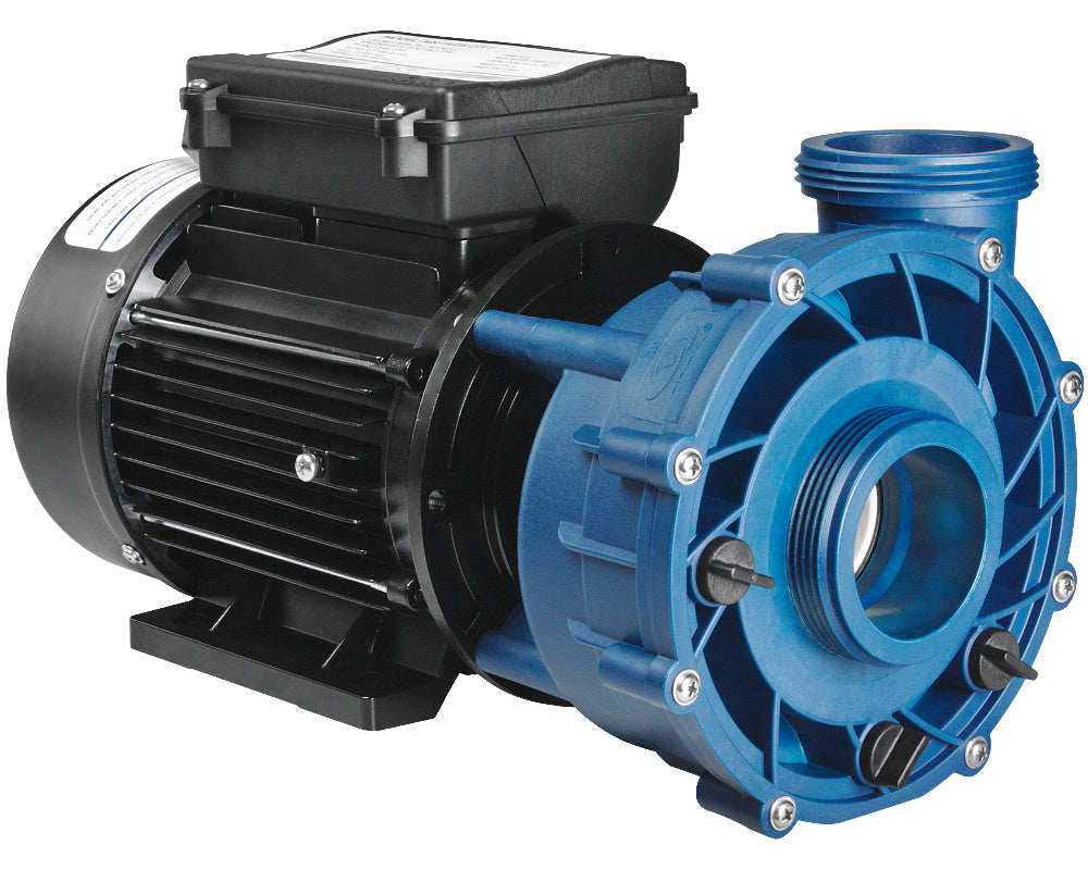 Gecko Maelstrom 4.2HP singleƒ??speed spa pump with blue jet housing, black motor, 2-inch unions, and 3ƒ??meter AMP power leadƒ??designed for highƒ??flow jet performance.