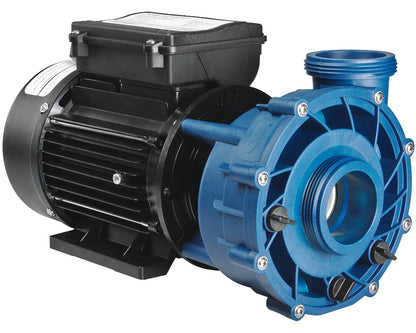 Gecko Maelstrom 4.2HP singleƒ??speed spa pump with blue jet housing, black motor, 2-inch unions, and 3ƒ??meter AMP power leadƒ??designed for highƒ??flow jet performance.