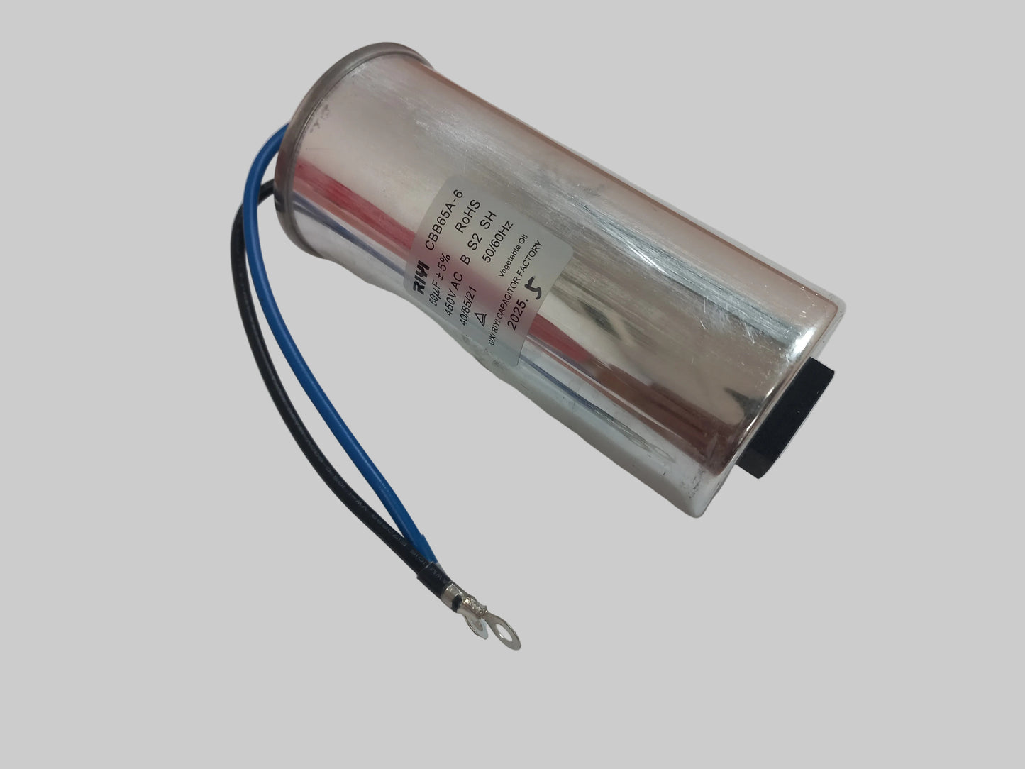 10µF 450VAC aluminium motor‑run capacitor (CBB65A‑1G) with blue and black leads, suitable for Gecko Maelstrom MS‑1 and 1SP pumps.