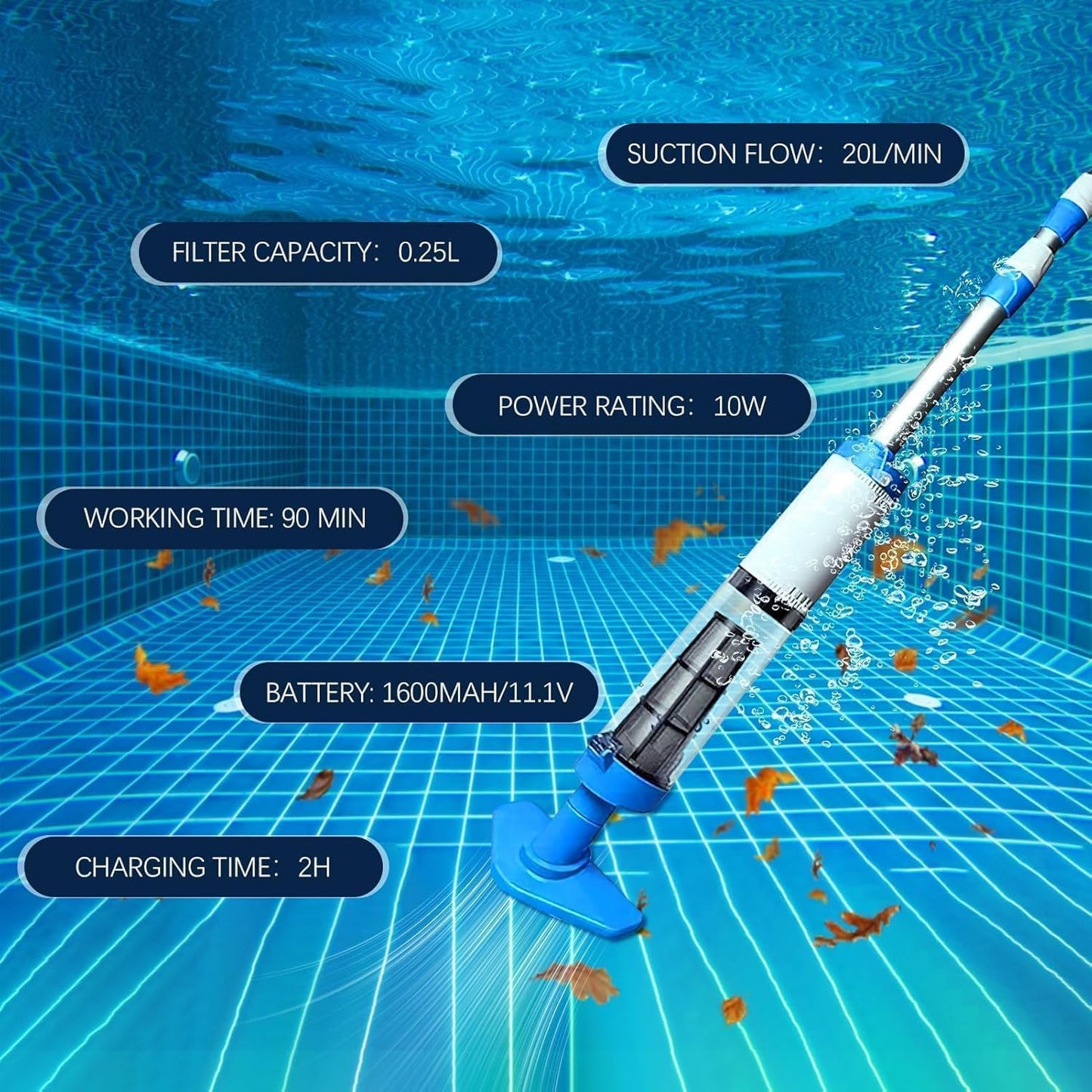 3-in-1 Cordless Pool Vacuum Cleaner – Rechargeable Spa & Pool Cleaner with Telescopic Pole