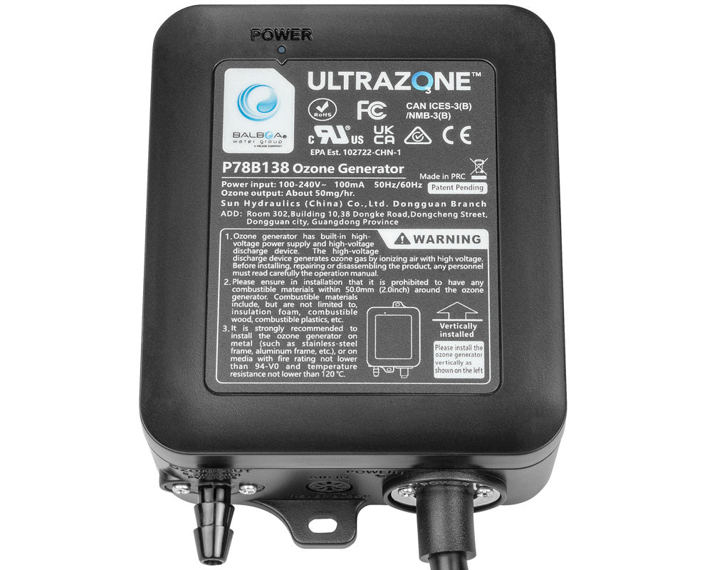 Balboa Ultrazone spa ozonator P78B138 with power connector, ozone outlet, and specification label showing electrical and ozone output details