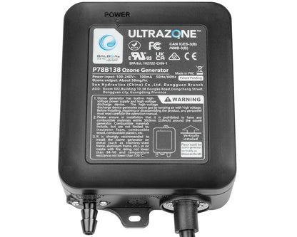 Balboa Ultrazone spa ozonator P78B138 with power connector, ozone outlet, and specification label showing electrical and ozone output details