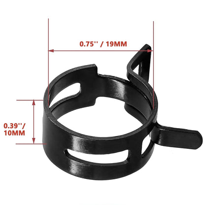 A black metal clamp ring with dimension markings showing 0.75 inches / 19 mm width and 0.