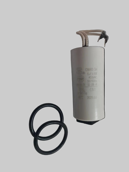 6?æF 450VAC white CBB60 SH motorƒ??run capacitor with two attached wires and two black Oƒ??rings, suitable for CMS Gecko Circ Pump.