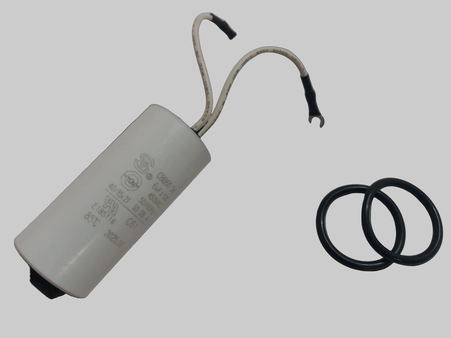 6?æF 450VAC white CBB60 SH motorƒ??run capacitor with two attached wires and two black Oƒ??rings, suitable for CMS Gecko Circ Pump.