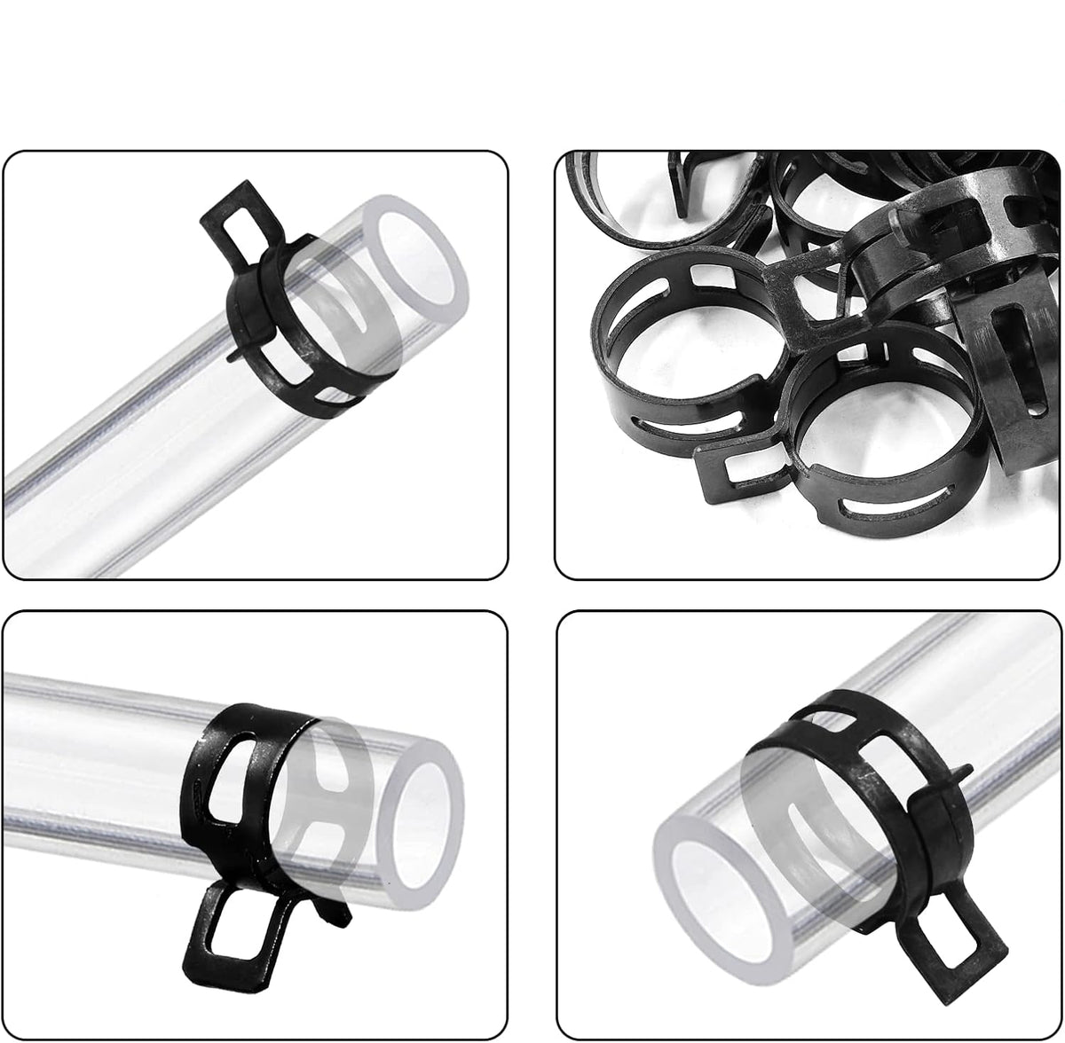 Installation method diagram showing a black plastic clamp fitted onto a clear tube, with four panels demonstrating different mounting angles and a pile of the clamps at the top under a red header reading 'INSTALLATION METHOD'.