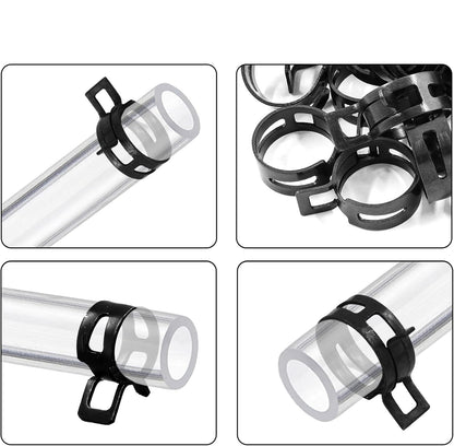 Installation method diagram showing a black plastic clamp fitted onto a clear tube, with four panels demonstrating different mounting angles and a pile of the clamps at the top under a red header reading 'INSTALLATION METHOD'.