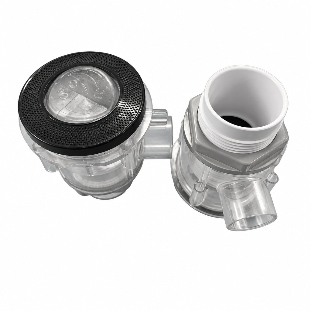 A clear plastic dual-port plumbing fitting or filter assembly with one cap removed, showing a black textured top and a white threaded interior, set against a solid blue background.