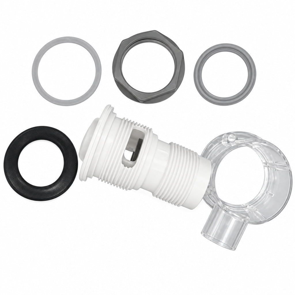 A white plastic threaded component with a clear plastic sleeve and several translucent and dark gray O-rings and washers arranged on a bright blue background.