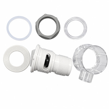 A set of replacement parts for a white plastic threaded fitting, including a white threaded body, a clear plastic collar, a gray hex nut, a clear ring, and a beige textured ring, arranged on a blue background.