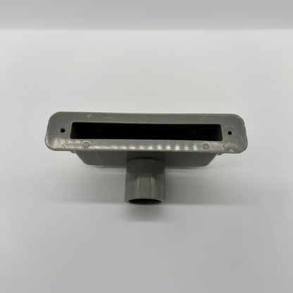 Catalina grey waterfall jet body showing 140 x 29mm outer face, rear water connection, and dual POL LED light housings