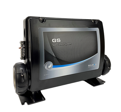 Balboa GS523DZ spa controller with integrated 3kW titanium heater showing control pack housing and heater tube on a white background