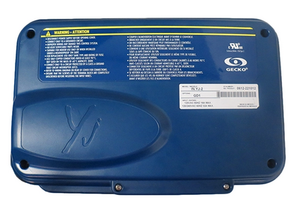 Gecko IN.YJ‑3 spa controller control pack showing blue enclosure with warning label and connection ports