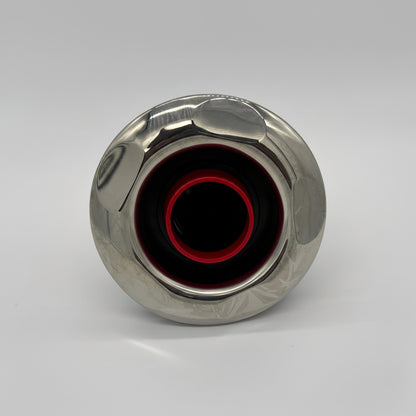 150mm spa jet with chrome face, black body and red centre shown with jet body, sealing gasket and retaining nut
