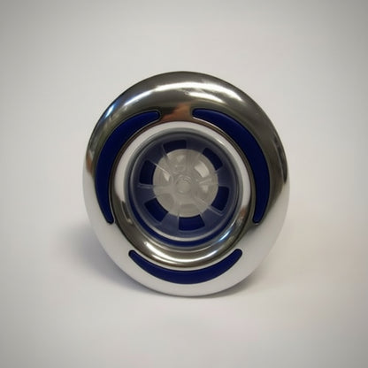 Balboa Pismo 3 inch Mini Hurricane Pulsating Jet Face Pearl Blue 983304-PBLCL spa jet insert featuring a pulsating massage nozzle, pearl blue accents, and clear LED-compatible diffuser.