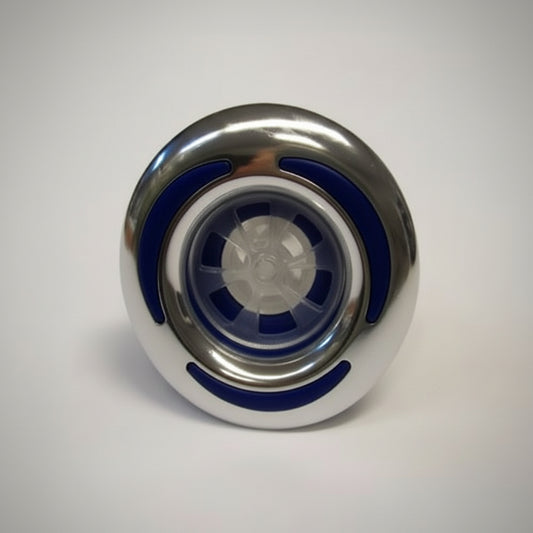Balboa Pismo 3 inch Mini Hurricane Pulsating Jet Face Pearl Blue 983304-PBLCL spa jet insert featuring a pulsating massage nozzle, pearl blue accents, and clear LED-compatible diffuser.