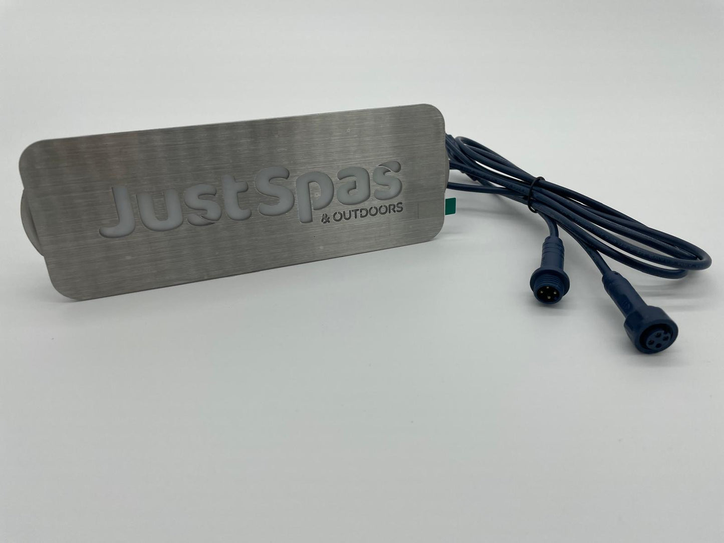 Just Spas logo backlight P83B142‑100 with brushed metal plate and dual‑connector Joyonway LED module