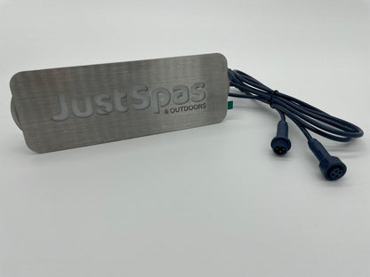 Just Spas logo backlight P83B142‑100 with brushed metal plate and dual‑connector Joyonway LED module