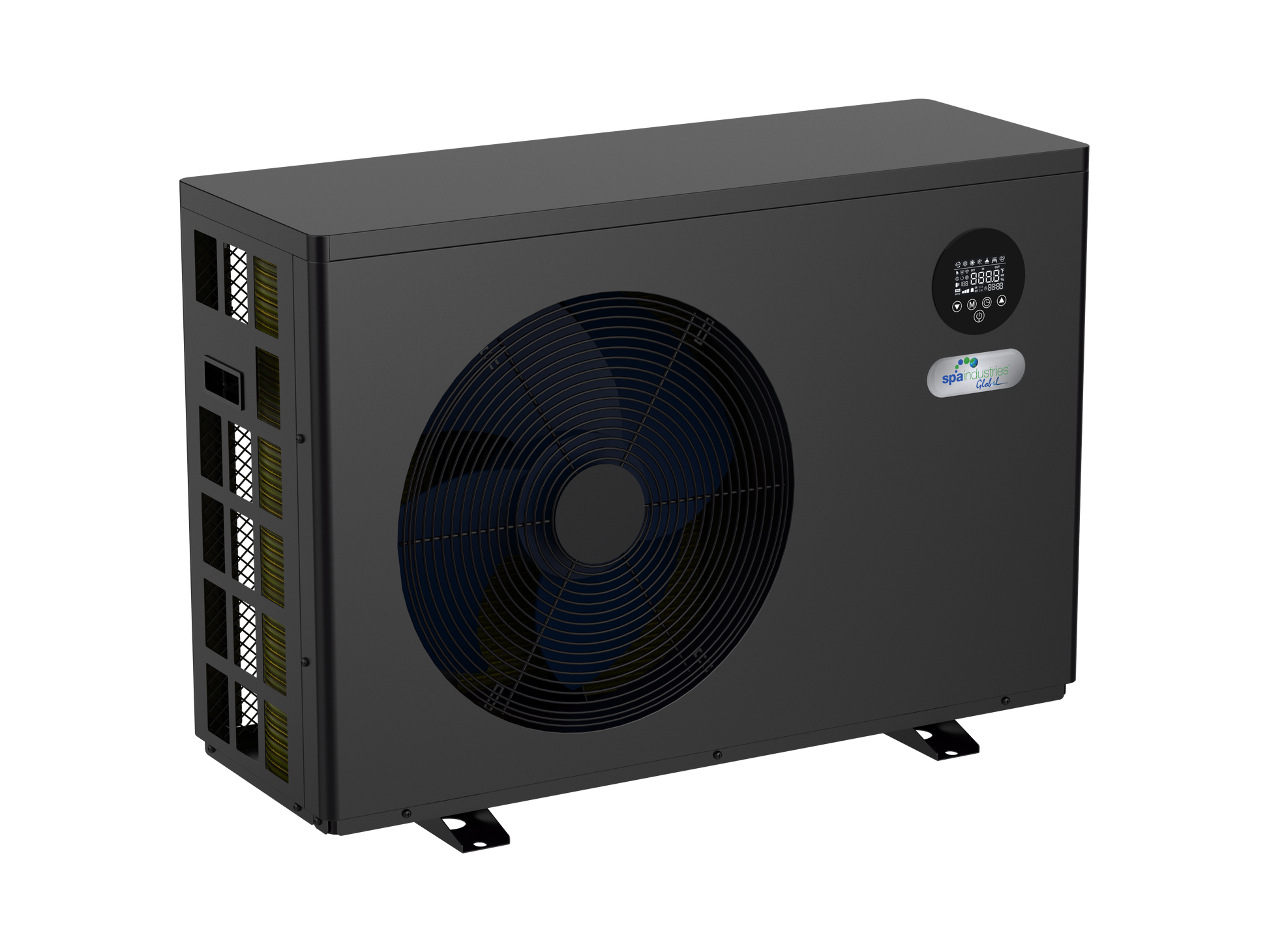 13kW inverter spa heat pump with Wi-Fi control, titanium heat exchanger, R32 refrigerant and ultra-quiet full inverter technology installed beside a spa and swimming pool.