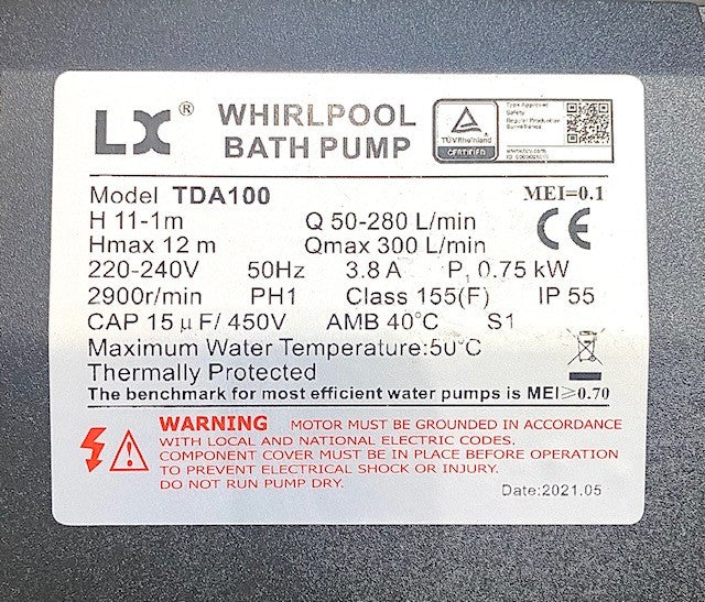 Pump LX Whirlpool TDA 100 Spa Pump 0.75hp Circulation