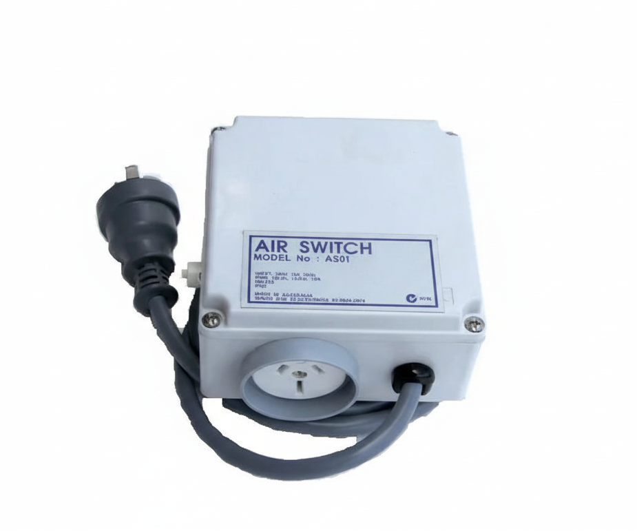 AS01 Single 10‑amp air switch with 240V rating and standard C38 outlet, manufactured by Space Age Electronics