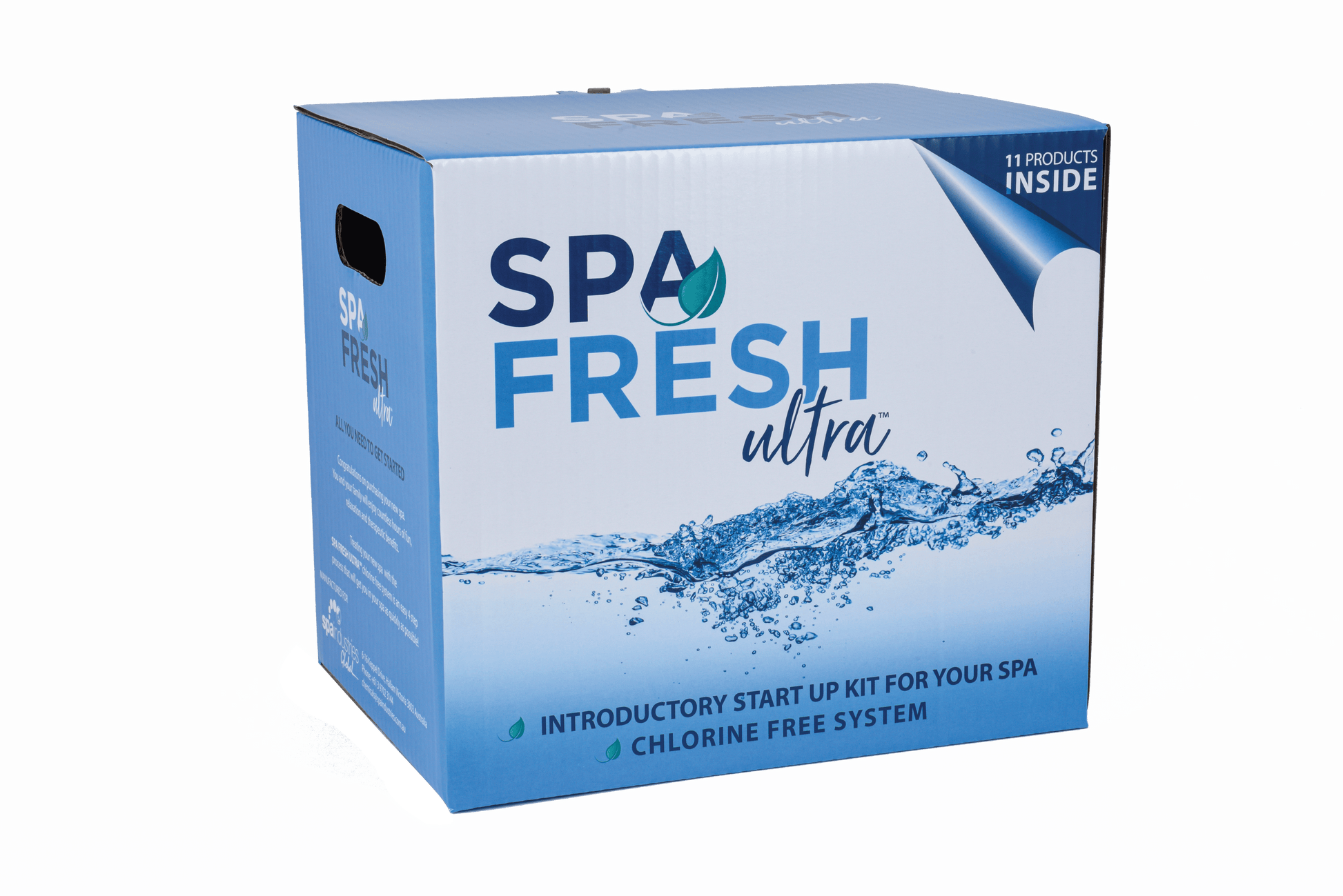 Spa Fresh Ultra Start Up Kit for swim spas featuring chlorine-free sanitiser, Oxy Shock, clarifier, chlorine remover, pH and alkalinity balancers, calcium increaser, filter cleaner, and test strips for complete swim spa water maintenance.