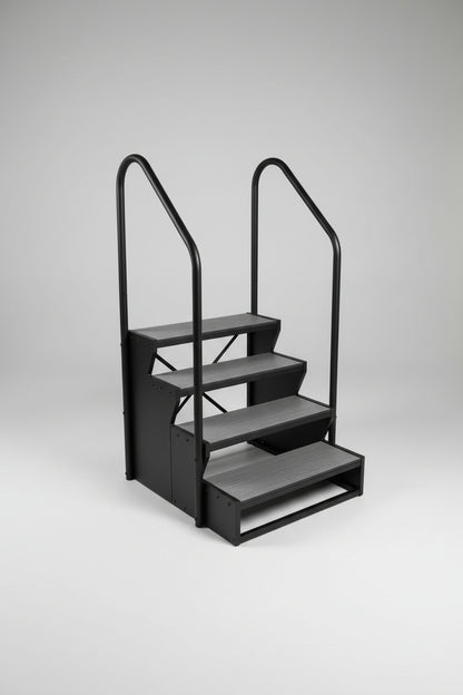 Charcoal 4-tier swim spa steps with dual hand rails, durable aluminium frame and synthetic wood treads for safe and stable access to a swim spa.