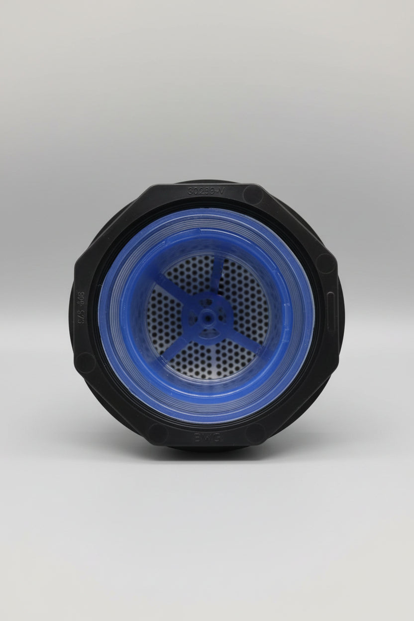 A top-down view of a black and blue plastic filter basket insert, likely for a coffee maker, placed on a light brown wooden surface.