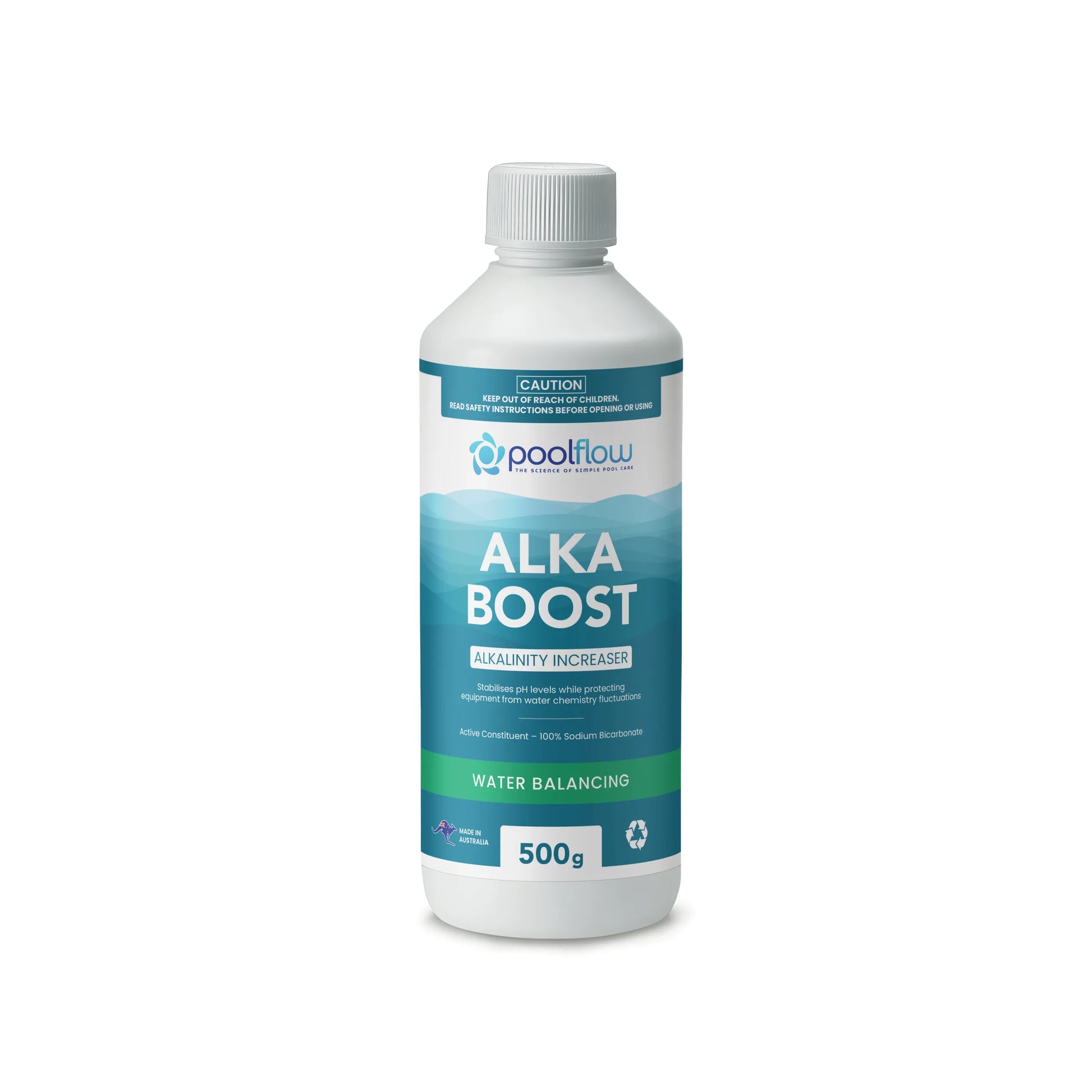 PoolFlow Spa Alka Boost Alkalinity Increaser 500G for raising total alkalinity, stabilising pH levels, and protecting spa equipment from corrosion and scaling.