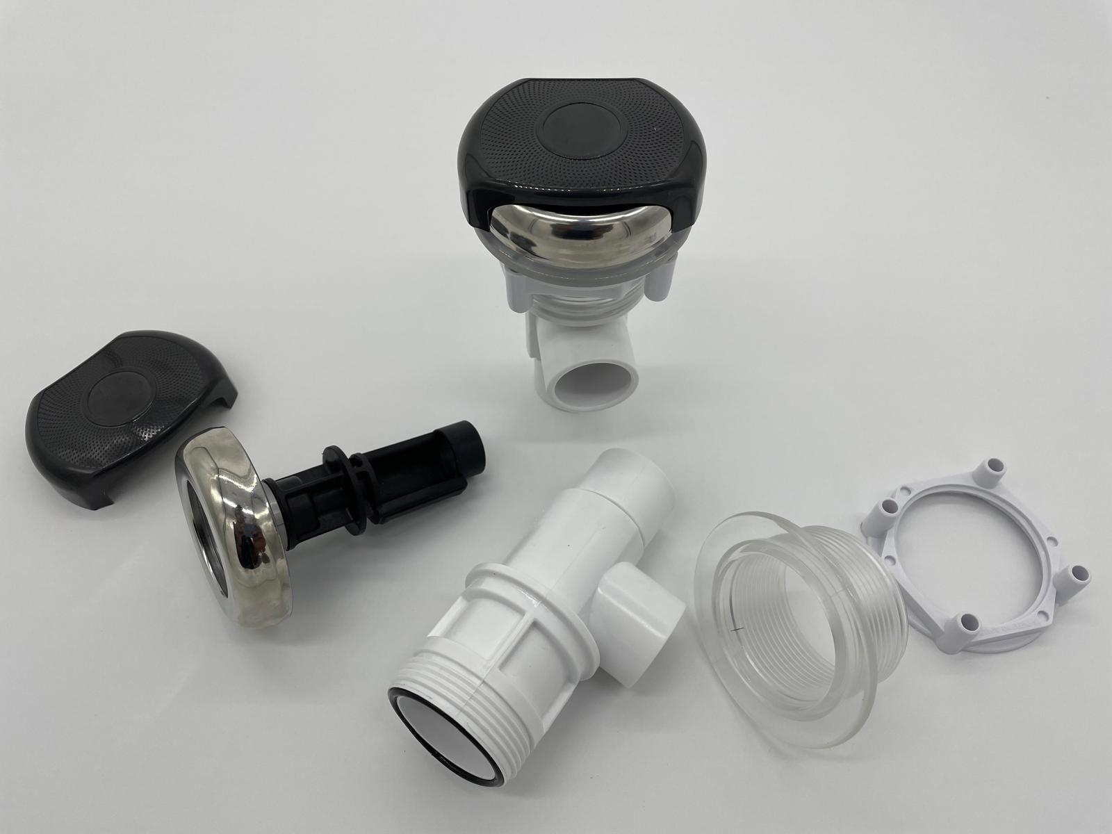 Balboa 2‑way water flow control valve assembly shown disassembled with cap, stem, valve body, and fittings, used for controlling spa waterfall or neck jet water flow.