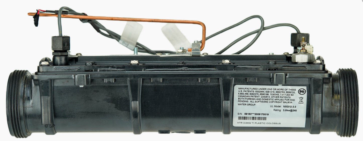 "Balboa 3.0kW Titanium Heater Tube 58153 with plastic housing, suitable for Revolution, Viper, and Colossus spa systems."