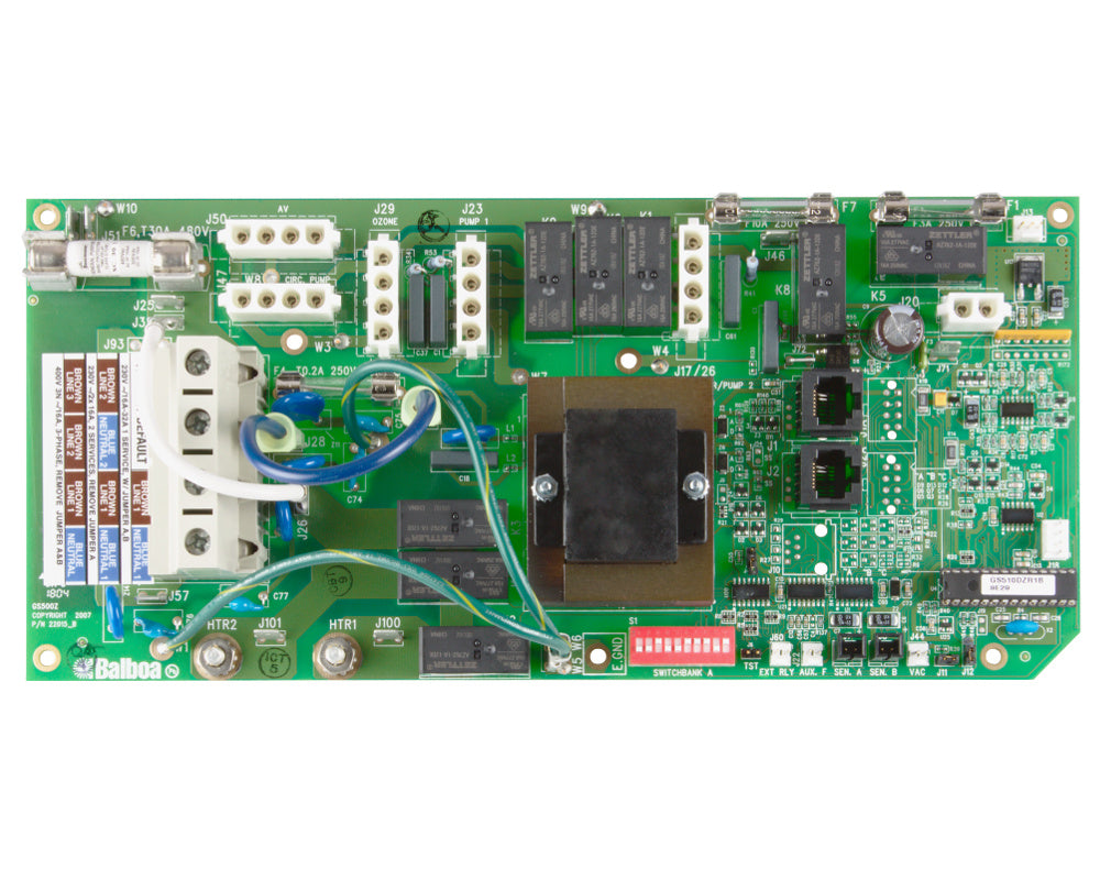 Balboa GS510DZ / GS501DZ replacement motherboard with green PCB, transformer, capacitors, and connector terminalsƒ??compatible with Balboa plastic control boxes