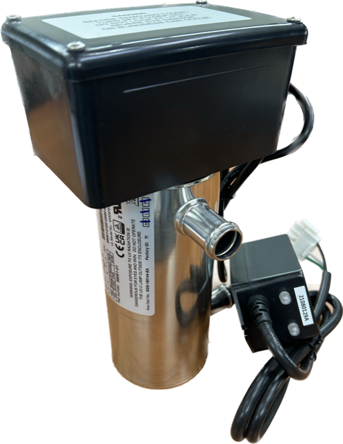 Balboa WAVETEC254™ UV Sanitizer 59061‑01 featuring a stainless‑steel UV‑C chamber with integrated mounting base, power supply module, and 7W UV lamp designed for 6GPM spa water purification.