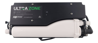 UltraZone UV‑C + Ozone spa sanitiser for portable spas with status LEDs, mounting plate and inlet/outlet hose barbs.
``