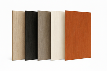 Spa cabinet doors made from composite polyester material shown in Timber, Whitewash, Grey, Charcoal and Ash colours with wood‑grain finish