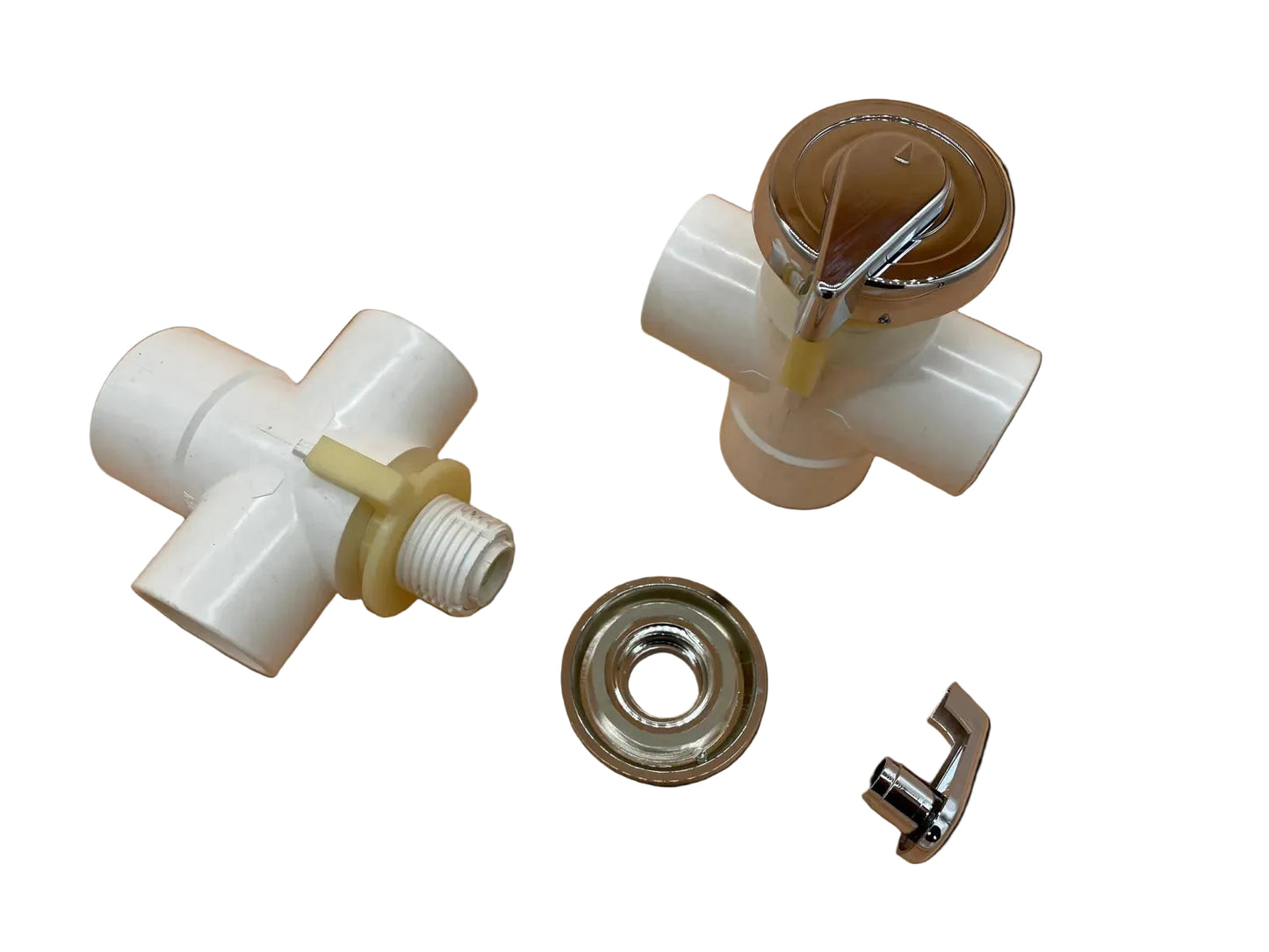 Chrome‑finished 3‑way bathtub diverter valve with tear‑drop handle, featuring three brass outlet ports designed for redirecting water between bath and shower fittings.