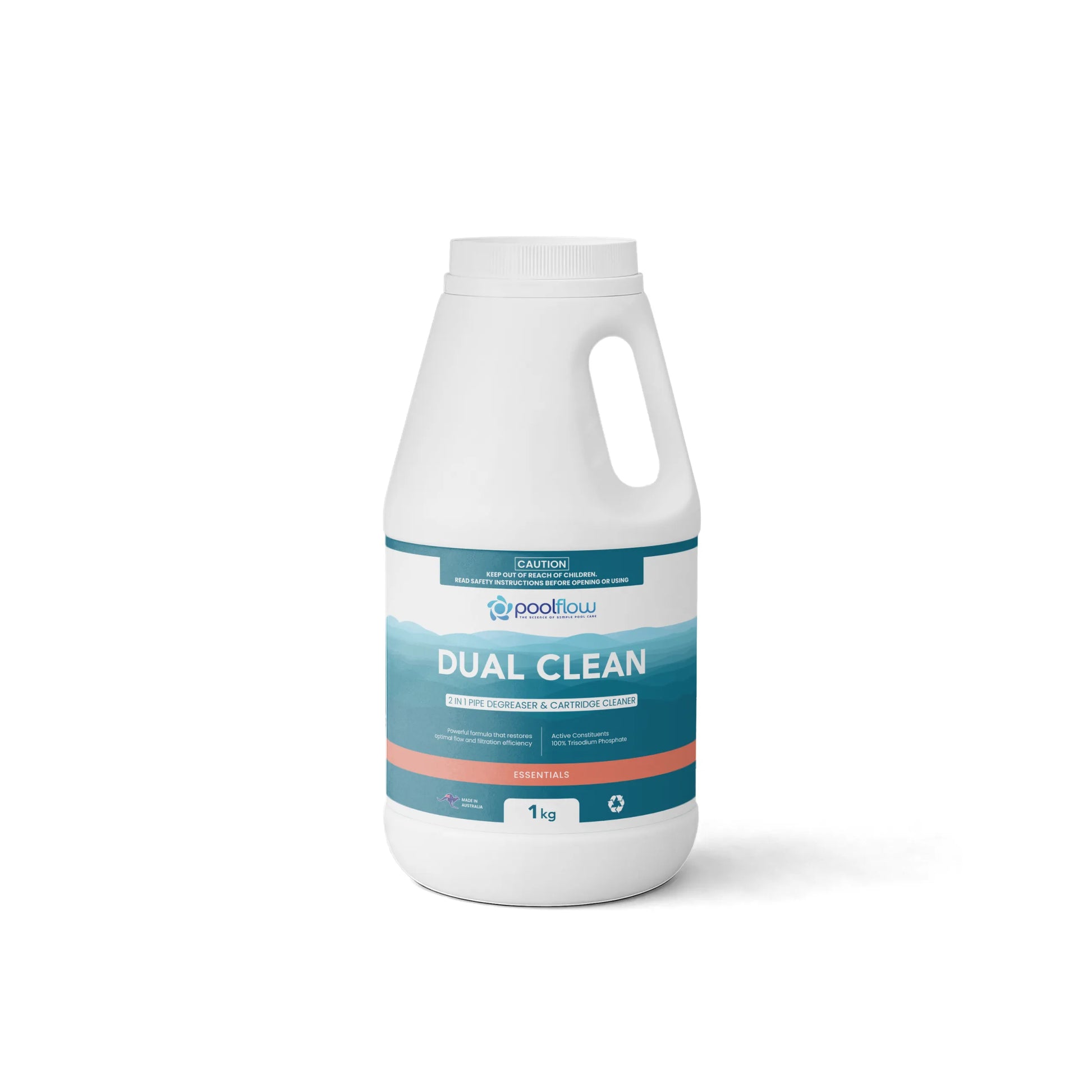Dual Clean 2-in-1 Pipe Degreaser and Cartridge Cleaner powder containing 100 percent trisodium phosphate, designed to remove oils, grease, biofilm, mineral deposits, and organic build-up from spa plumbing systems and filter cartridges.