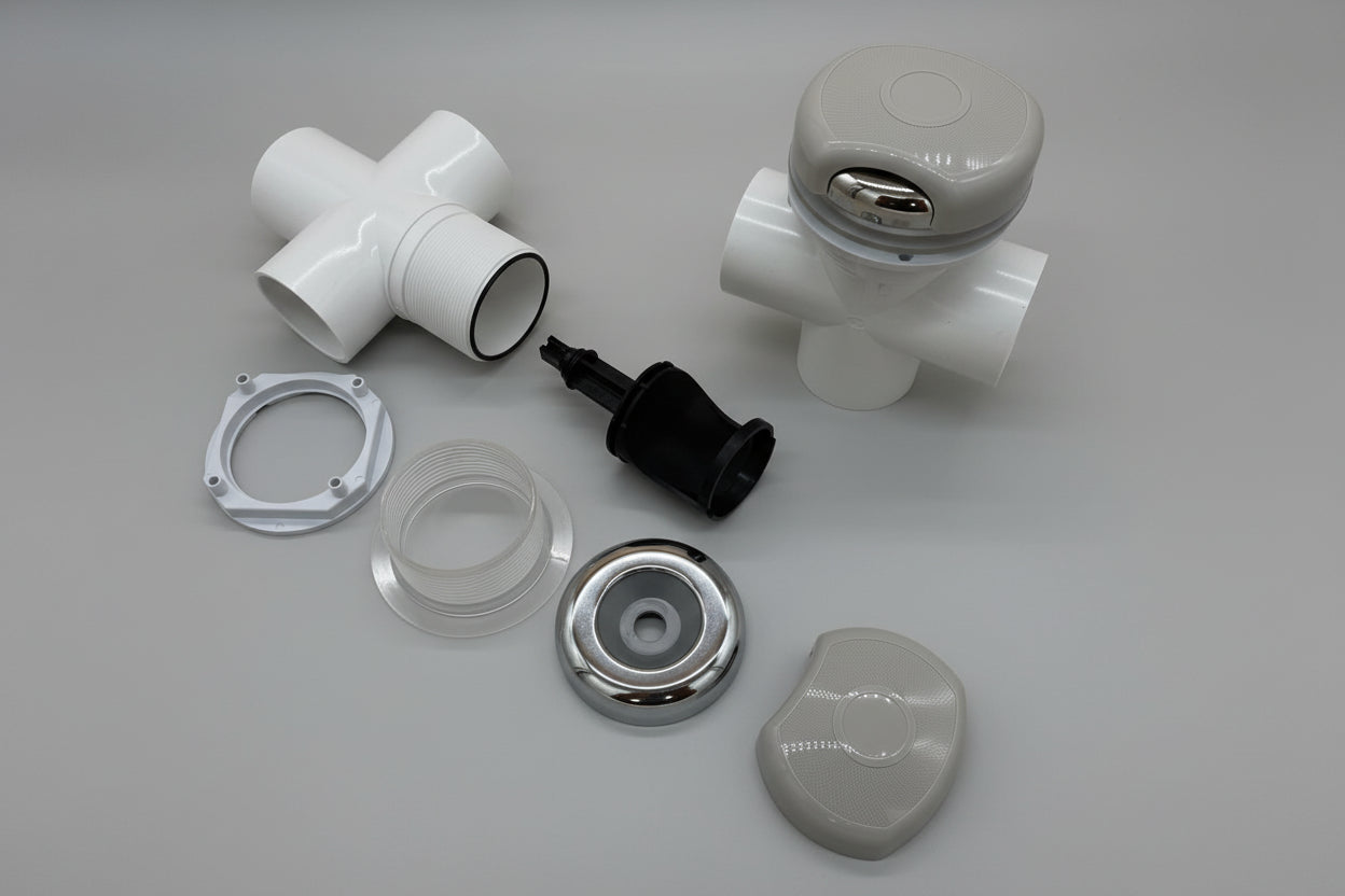 Light‑grey Balboa 50mm 3‑way spa diverter valve with stainless‑style cap, featuring three water‑flow ports and a top‑mounted turning handle.